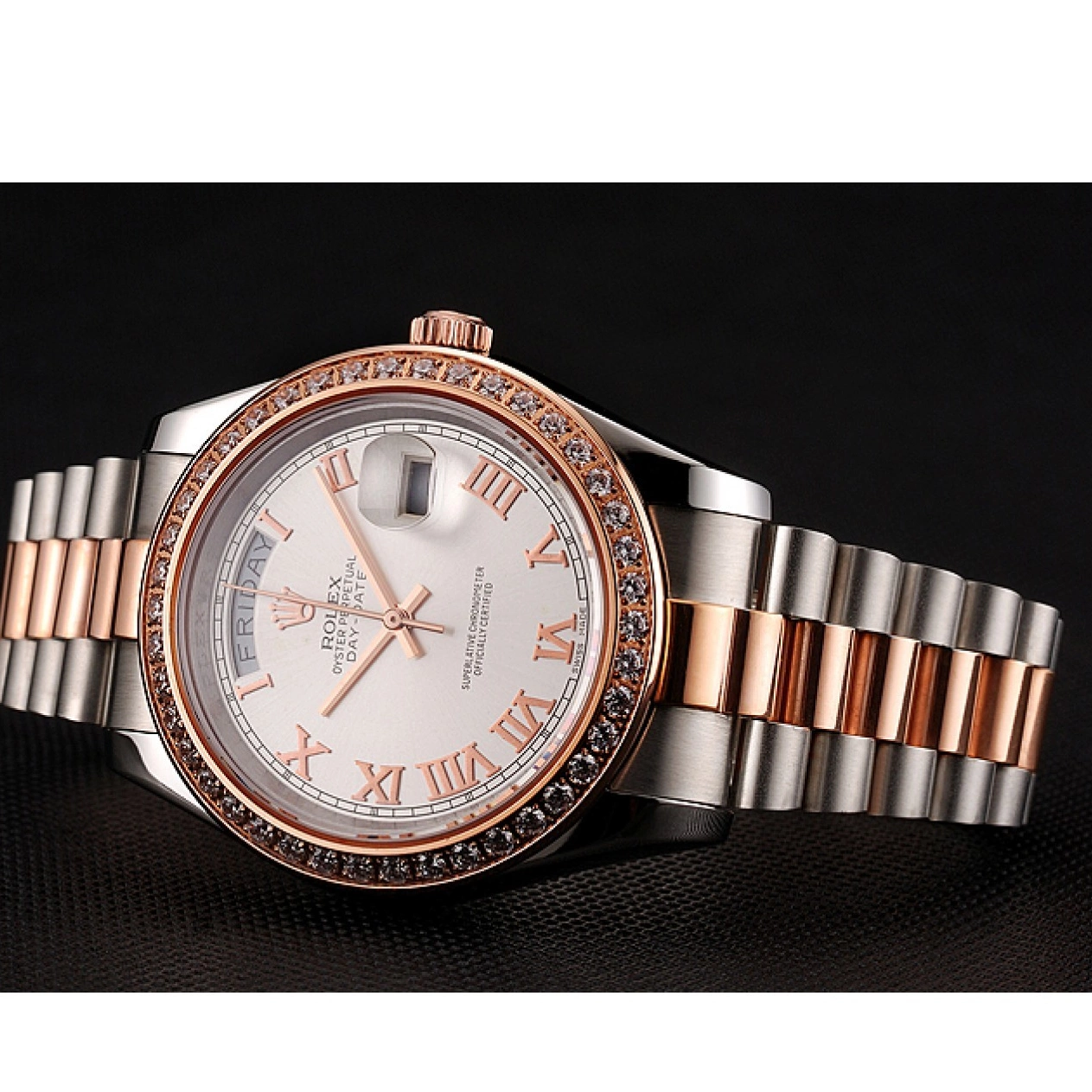 MiroTime 0817 Swiss Rolex Day-Date Diamonds Bezel White Dial Rose Gold And Staineless Steel Bracelet 1454108